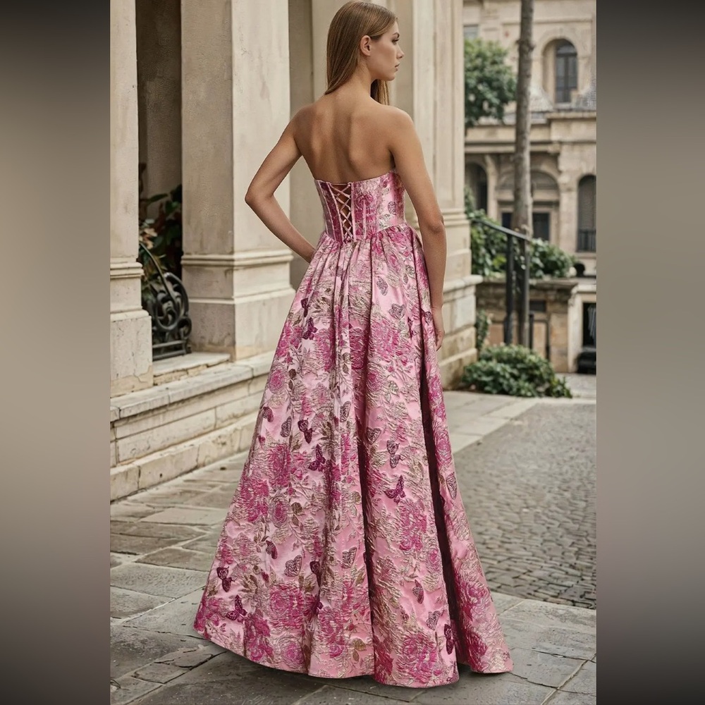 Strapless Pink Floral Brocade Evening Gown